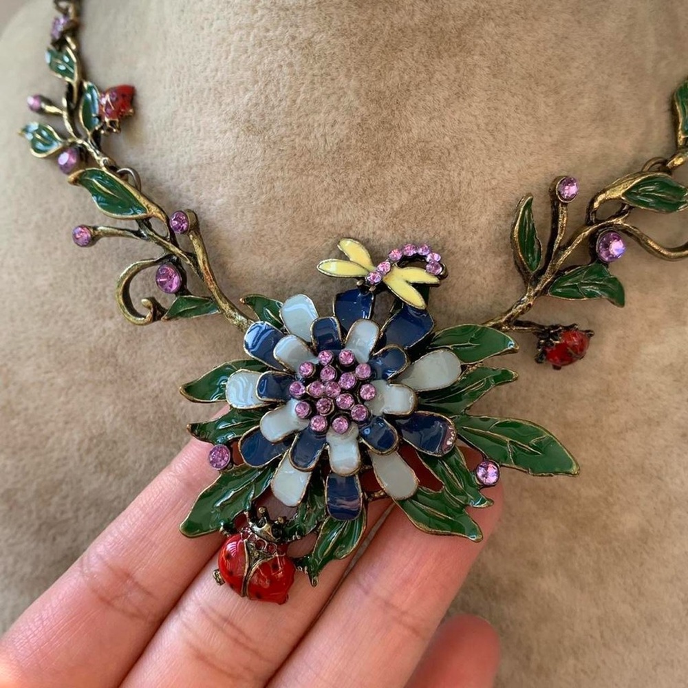 Fairy Enamel Statement Necklace in Green, Blue & Purple lady bug dragonfly y2k - Picture 4 of 8